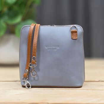 Leather Cross Body Handbag In Light Grey And Tan, 3 of 3