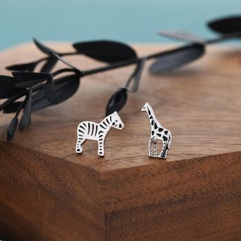 Mismatched Zebra And Giraffe Stud Earrings In Sterling Silver, 4 of 11