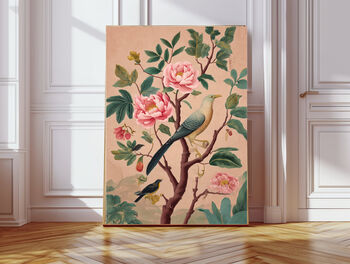 Set Of Two Chinoiserie Floral Dusky Pink Bird Art Prints, 4 of 4