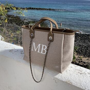 Personalised Beige And Brown Large Chain Tote Beach Bag, 3 of 9