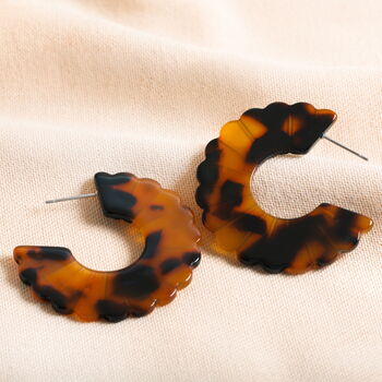 Tortoiseshell Resin Scalloped Edge Hoop Earrings, 2 of 3