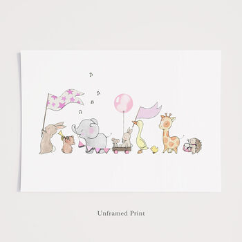 Personalised Pink Animals On Parade Nursery Art Print, 7 of 11