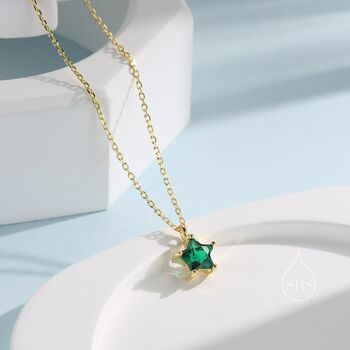 Sterling Silver Emerald Green Cz Star Pendant Necklace, 3 of 11