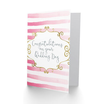 Pink Stripes Gold Filigree Congratulations Wedding Card, 2 of 4