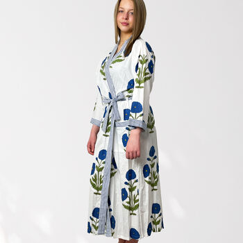 Blue Flower Block Print 100% Cotton Dressing Gown Kimono, 5 of 11