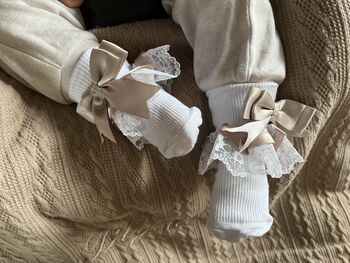 Taupe Ribbon And White Lace Baby Socks, 2 of 6