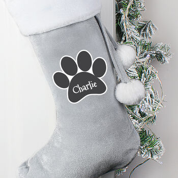 Personalised Paw Print Grey Pet Christmas Stocking, 2 of 3