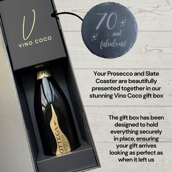 Vino Coco 70th Birthday Bottega Prosecco And Slate Coaster Gift Set, 5 of 8