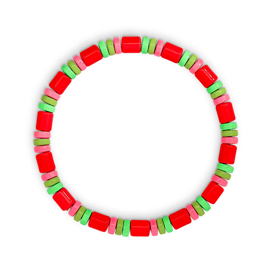 Red And Neon Pink And Green Metal Beaded Bracelet