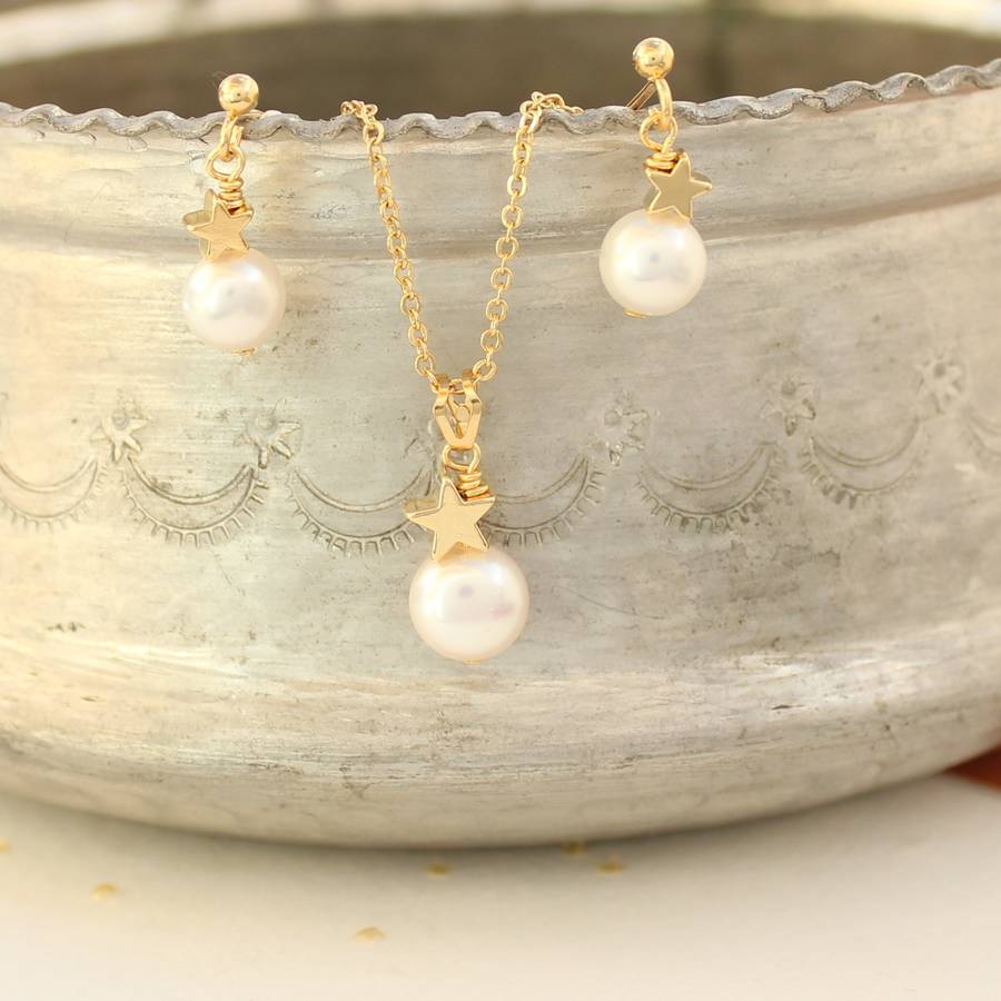 gold star with pearl necklace and earrings by bish bosh becca