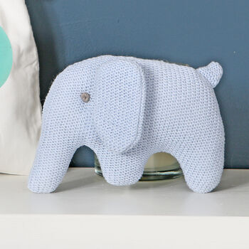 Blue Knitted Elephant Rattle And Personalised Bag, 3 of 5