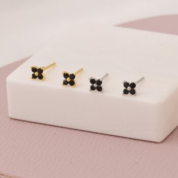 Sterling Silver Black Cz Flower Stud Earrings, 2 of 12