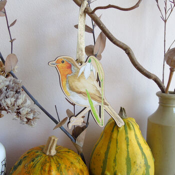 Robin And Snowdrop Wooden Hanging Decoration, 4 of 11