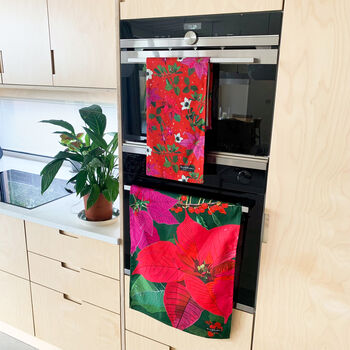 Pack Of Two Poinsettia Christmas Cotton Tea Towels, 2 of 9