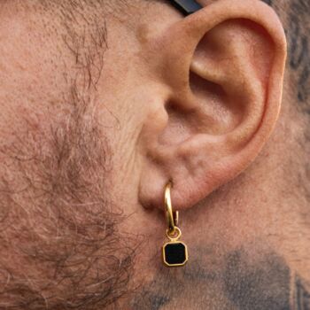 Black Onyx Gold Steel Dangle Hoop Earring For Men, 3 of 10