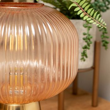 Elegant Battery Powered Amber Ridged Glass Table Lamp With Brass Base, 5 of 5