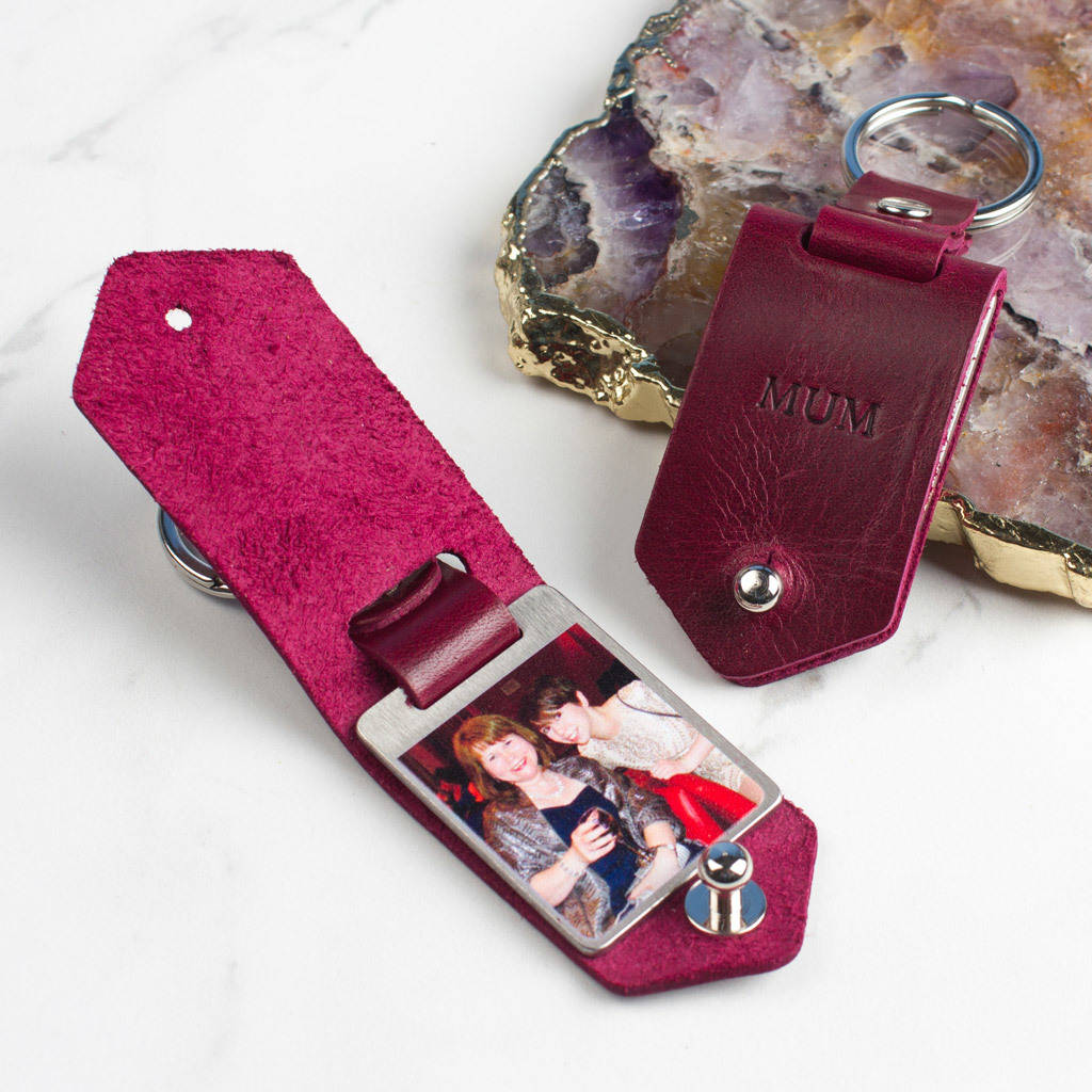 personalised metal photo keyring with leather case by create gift love