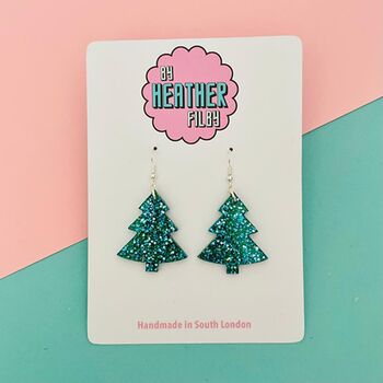 Snowfall / Blue Glitter Christmas Tree Earrings Small And Large, 2 of 2