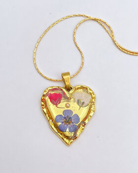 Real Blue Red Flowers Pendant Gold Leaf Necklace Hand Made, 9 of 9