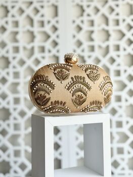 Valeria Gold Embroidered Embellished Oval Clutch Bag, 4 of 8