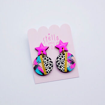 Pink Star Earrings With An Animal Print Abstract Drop, 6 of 12