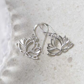 Sterling Silver Dangly Lotus Flower Earrings, 5 of 7