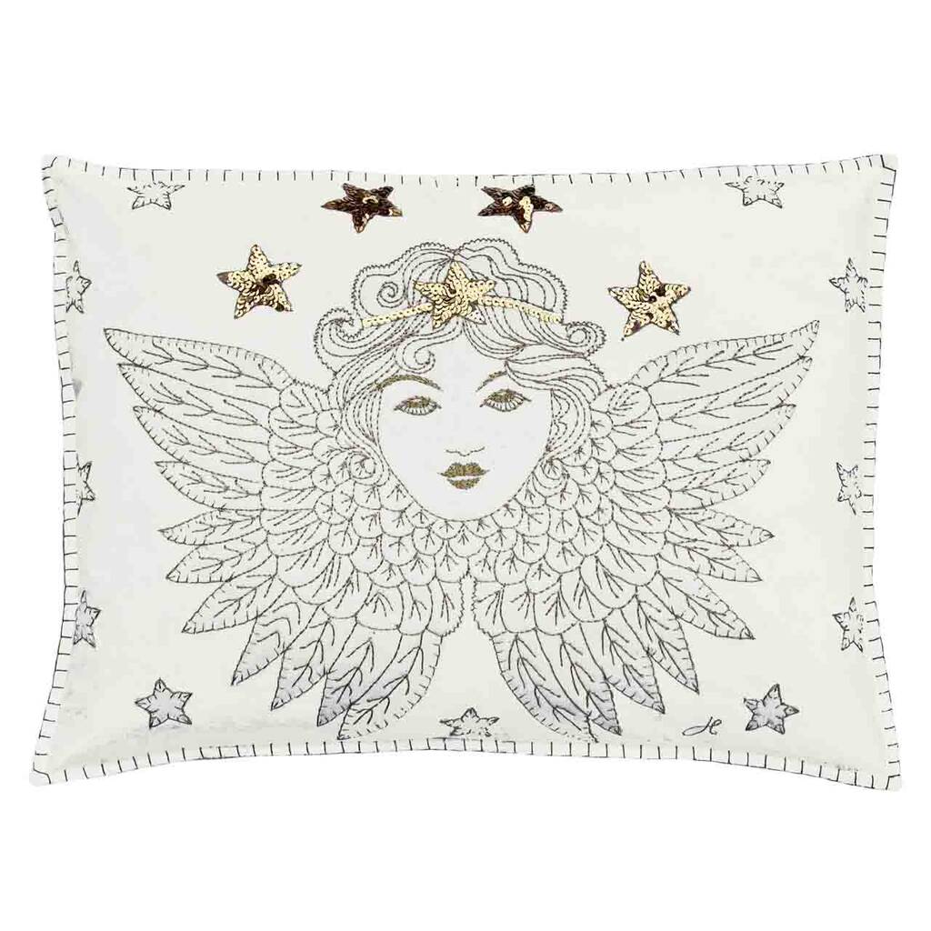 Cream Velvet Christmas Angel Cushion With Gold Sequins