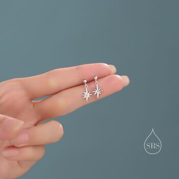 Sterling Silver Delicate Starburst Dangle Stud Earrings, 2 of 12