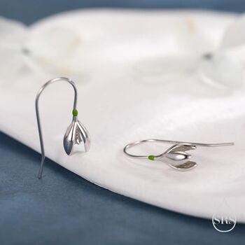 Sterling Silver Green Enamel Painted Snowdrop Flower Drop Earrings, 5 of 10