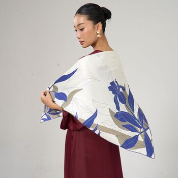 100% Mulberry Silk Scarf, Navy Botanical, Luxury Gift For Her In Gift Box, 3 of 4