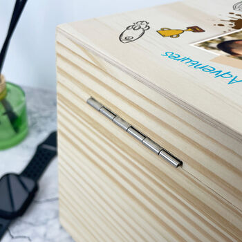 Personalised 'Our Adventures' Kids Doodles Pine Memory Box Five Sizes 16cm | 20cm | 26cm | 30cm | 36cm, 8 of 9