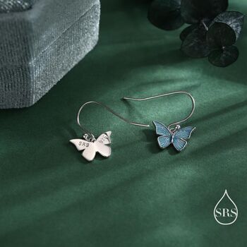Sterling Silver Blue Butterfly Enamel Drop Hook Earrings, 6 of 10