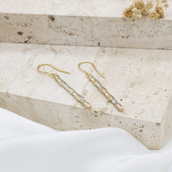 9ct Two Colour Gold Twist Diamond Cut Pole Drop Earrings, 4 of 5