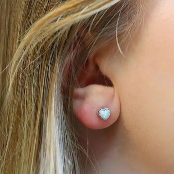 Sterling Silver White Opal Heart Stud Earrings, 6 of 11