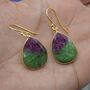 Ruby Zoisite Earrings: Gold Plated Silver, Anyolite, Teardrop Or Rectangular Dangle Drop, thumbnail 1 of 12