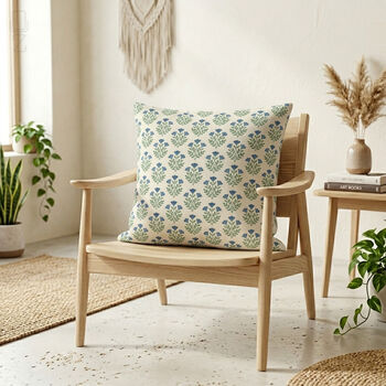 Blue Floral Block Print Chenille Cushion Cover, 3 of 12