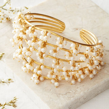 Seed Pearl Gold Plated Silver Wired Cuff Bracelet, 2 of 6