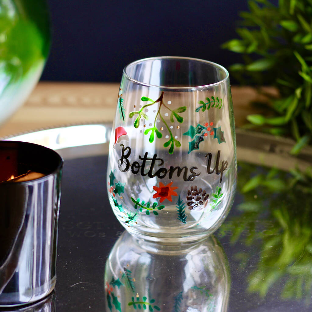 Hand Painted Christmas Botanical Bottoms Up Wine Glass