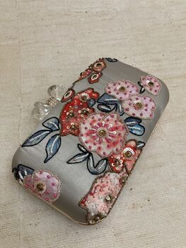 Grey Floral Handcrafted Bow Clasp Clutch Bag, 2 of 6