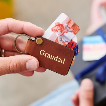 Anniversary Personalised Leather Keyring With Four Metal Photo Cards With Hot Stamped Initials, Name Or Date, 3 of 6