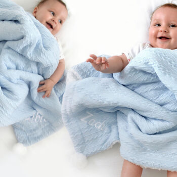 Personalised Twins Blue Cable Knit Pom Pom Blankets, 7 of 9