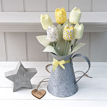 Cotton Tulips Flowers In Tin Zinc Jug With Engraved Tag, 3 of 7