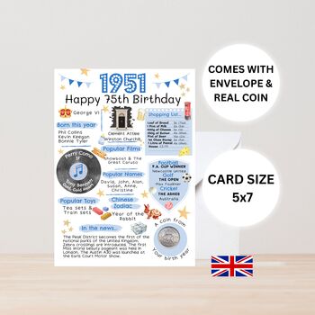 75th Birthday Card With 1951 Coin And Envelope Choose Your Colour, 2 of 3