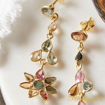 Multicoloured Tourmaline Star Shaped Long Stud Gold Earrings, 7 of 9