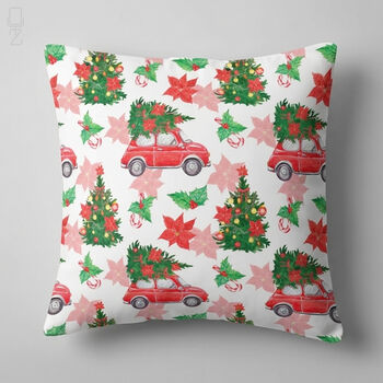Nostalgic Red Car With Pine Tree Christmas Chenille Cushion, 6 of 12