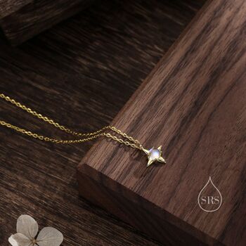 Tiny Moonstone Four Point Star Pendant Necklace, 3 of 12