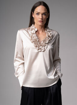 Constance Champagne Ruffle Silk Satin Evening Blouse, 3 of 4