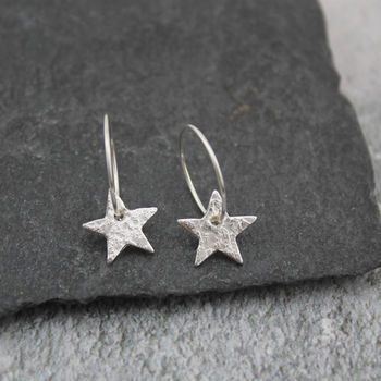 Sterling Silver Textured Star Charm Hoops, 5 of 9