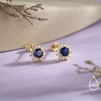 Sapphire Cz Flower Stud Earrings In Sterling Silver, 5 of 12