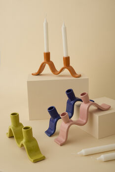 Handmade Chartreuse Wavy Ceramic Candelabra For Two Candles, 5 of 6
